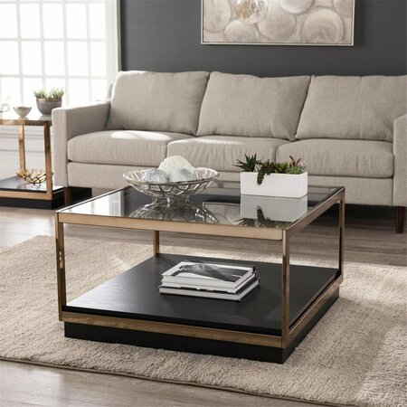 HOMEROOTS 33 in. Champagne Glass & Solid Manufactured Wood Square Coffee Table Gold 402170